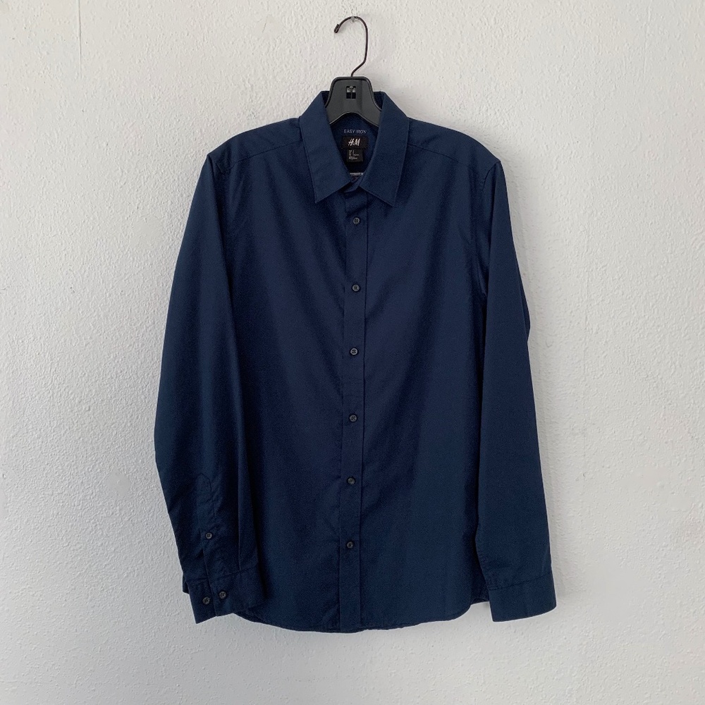 Zara navy blue fitted button up easy iron shirt